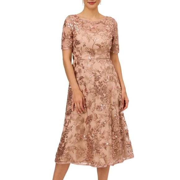 Adrianna Papell | Sequin Embroidered Boat-Neck Midi Dress - Picture 1 of 11